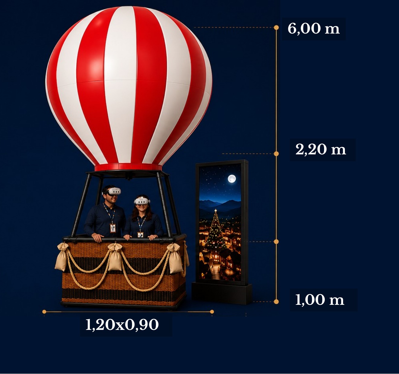 Diagrama do balão com as medidas: 6 metros de altura total, cesto de 1,20 por 0,90 m, painel de acompanhamento de 2,20 m sobre base de 1 m