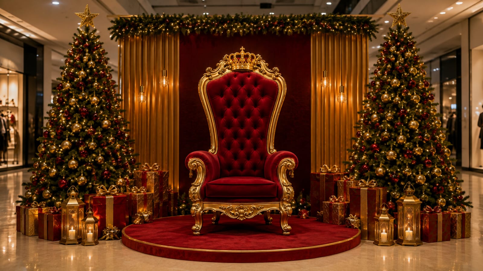 Espaço do Papai Noel com trono vermelho e dourado
